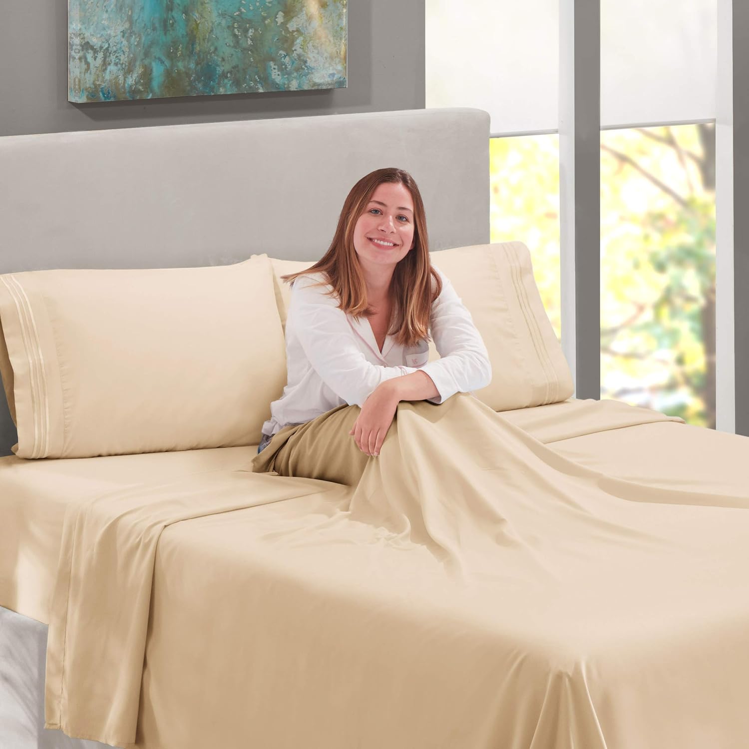 Nestl Luxury Queen Sheet Set - 4 Piece Extra Soft 1800 Microfiber-Deep Pocket Bed Sheets with Fitted Sheet, Flat Sheet, 2 Pillow Cases-Breathable, Hotel Grade Comfort and Softness - Beige Cream: Home & Kitchen