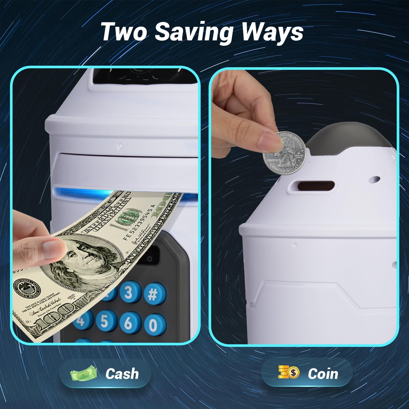 Kids Safe, Electronic Piggy Bank for Boys Girls, ATM Money Saving Box Toy 2024 with Password & Face ID Simulation, Christmas Birthday Gifts for 4 5 6 7 8 9 10 Year Old, Rocket Space Coin Cash Can