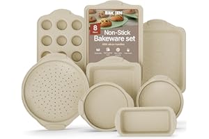 BAKKENMASTER Deluxe 8-Piece Carbon Steel Bakeware Set - Nonstick White Marble Coating, Silicone Hand...