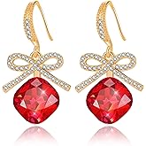 EVEVIC Austrian Crystal Cushion Bow Drop Earrings for Women 14K Gold Plated Hypoallergenic Dangle Earring Jewelry Gifts