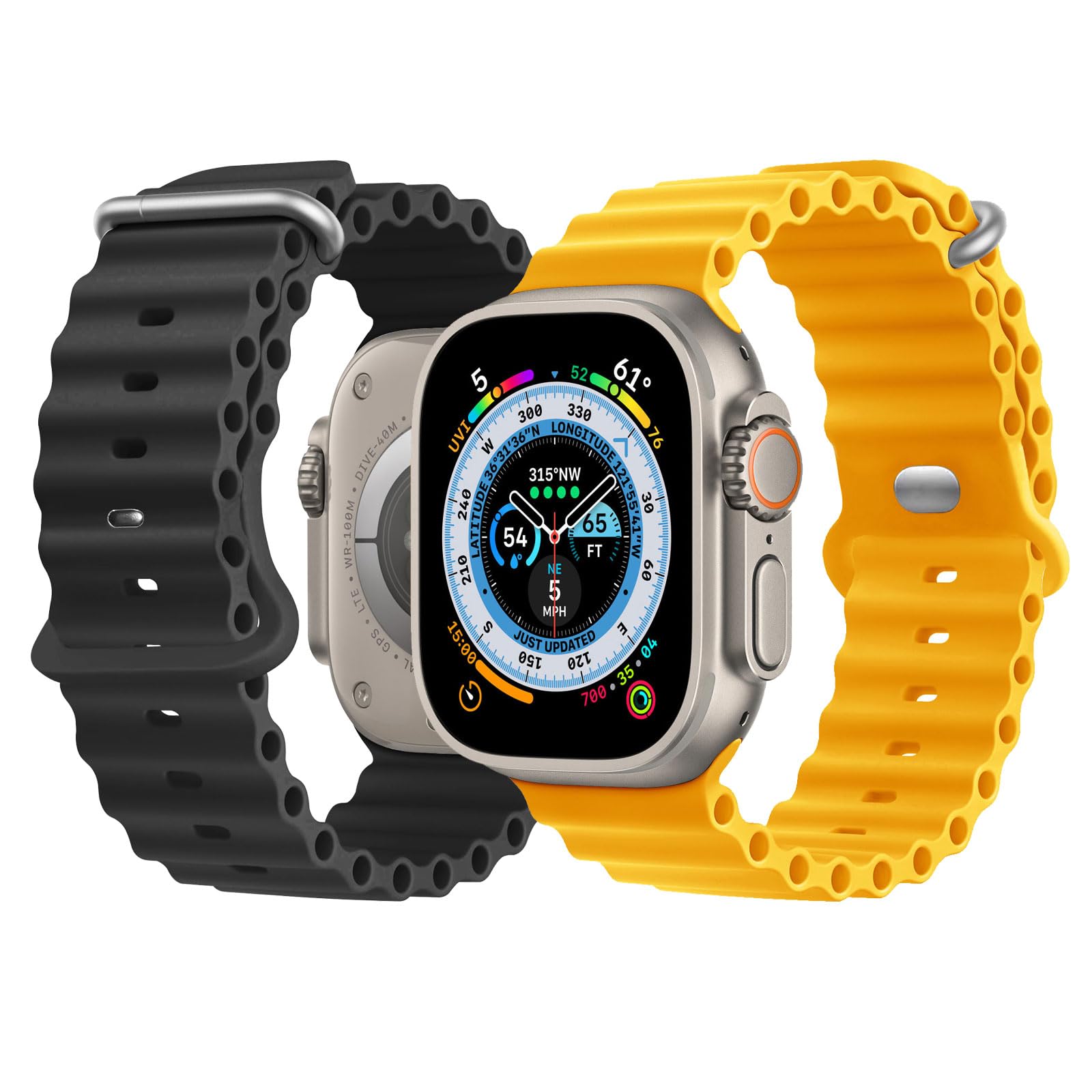 NUKELOLO 2 Pack Ocean Strap Compatible with Apple Watch Ultra 3 2 1 49mm, Sport Bands 46mm 45mm 44mm Men Women, Silicone Band for iWatch Series 11 10 9 8 7 6 5 4 3 2 1 SE3, Black/Yellow