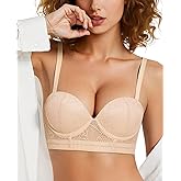 Upushall Padded Push Up Bras for Women Underwire Lace Longline Bra Corset Top with Convertible Straps Nude 32D