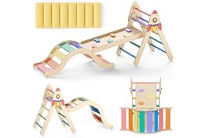 KIDSBUDDY Pikler Triangle Set with Cushion, 9-in-1 Kids Climbing Toys for Toddlers 1-3 Inside, Montessori Toddler Climbing Toys Indoor, Large Wooden Pikler Triangle Climbing Set Baby Playground for Children