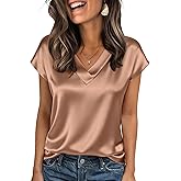 Zeagoo Women Silk Satin Tops Cap Short Sleeve Blouse V Neck Shirts Business Casual Outfits S-2XL