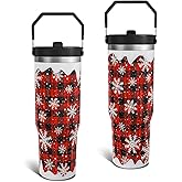 Christmas Red Buffalo Plaid Gifts for Women Men, 30 Oz Tumbler with Top Handle and Flip Straw, Snowflake Stainless Steel Insulated Travel Coffee Cup, Winter Holiday Water Bottle for Him Her (1 PC)