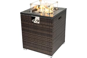 AJ Enjoy 24in Outdoor Propane Gas Fire Pit Table, 40,000 BTU Auto-Ignition Gas Firepit with Glass Wind Guard, Marble Tile Tabletop, Mixed Color Glass Rocks, Brown PE Rattan
