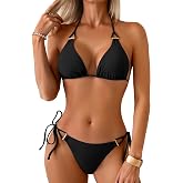 TASHEHE Women's Triangle Bikini Sets String Halter Two Piece Swimsuit Gold Metal Bathing Suit