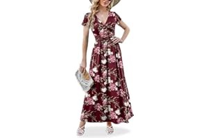 ANRILITA Maxi Dress for Women Wrap V Neck Short Sleeve Empire Pleated Waist Summer Casual Elegant Long Dresses with Pockets