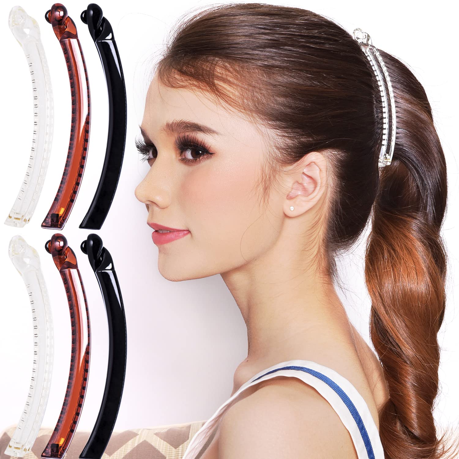 RC ROCHE 6 Pcs Banana Hair Clip Thin Hair Fine Ponytail Maker No Slip Small Claw for Women Secure Grip Jaw Clamp Cute Strong, Medium Clear Brown and Black
