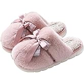 Women Winter Indoor Slippers Bow Ribbon Cute Plush House Shoes Cozy Fleece Lining Warm Soft Indoor Bedroom Anti-Slip Sole Couple Home Slippers