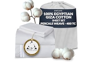 Sweave 100% Egyptian Cotton Percale Sheets Queen Size - Genuine Luxurious 400 Thread Count - Naturally Crisp, Breathable, Skin-Friendly & Cooling - Softer After Each Wash - Oeko-TEX Certified Giza