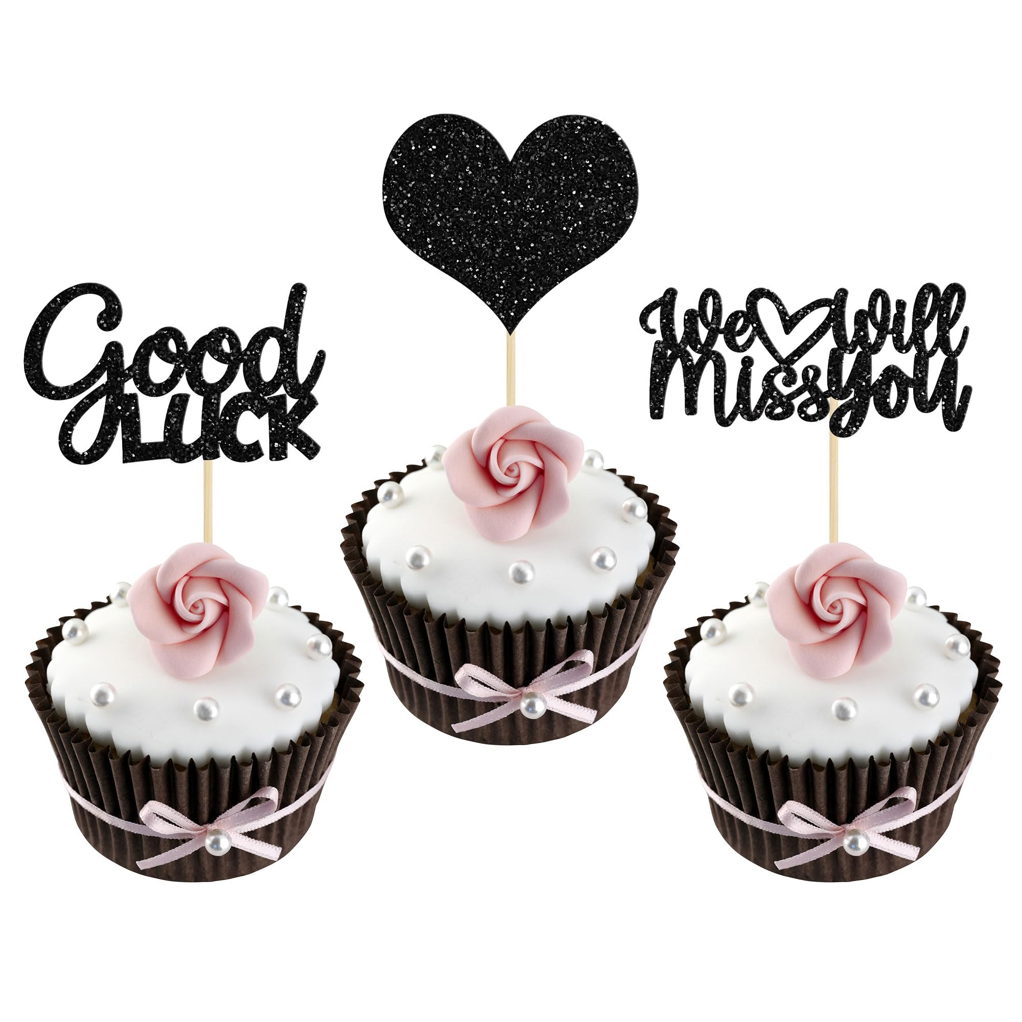 Photo 1 of Gyufise 36Pcs Black Glitter We Will Miss You Cupcake Toppers with Love Glitter Good Luck Cupcake Picks Going Away Farewell Retirement Theme Party Cake Decorations Supplies