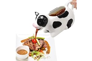 RAISLY Ceramic Gravy Boat, 11oz/300ml White Gravy Boat Milk Cow Sauce Jug with Smooth Handle - Perfect for Salad Dressing, Broth, Cream, Milk - Unique Artwork for Your Kitchen