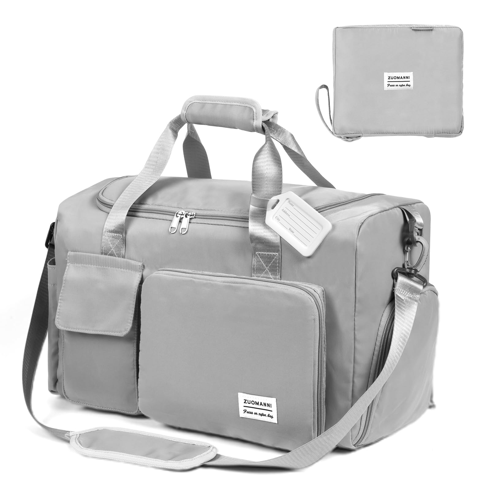 Flintronic Foldable Gym Duffel Bag - Lightweight Travel Overnight Weekend Holdall with Wet/Dry Separation - Grey