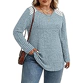 ROSRISS Plus-Size Sweaters for Women Casual Lace Ribbed Knit Pullover Tops Trendy Soft Long Sleeve Crew Neck Shirts XL-5XL