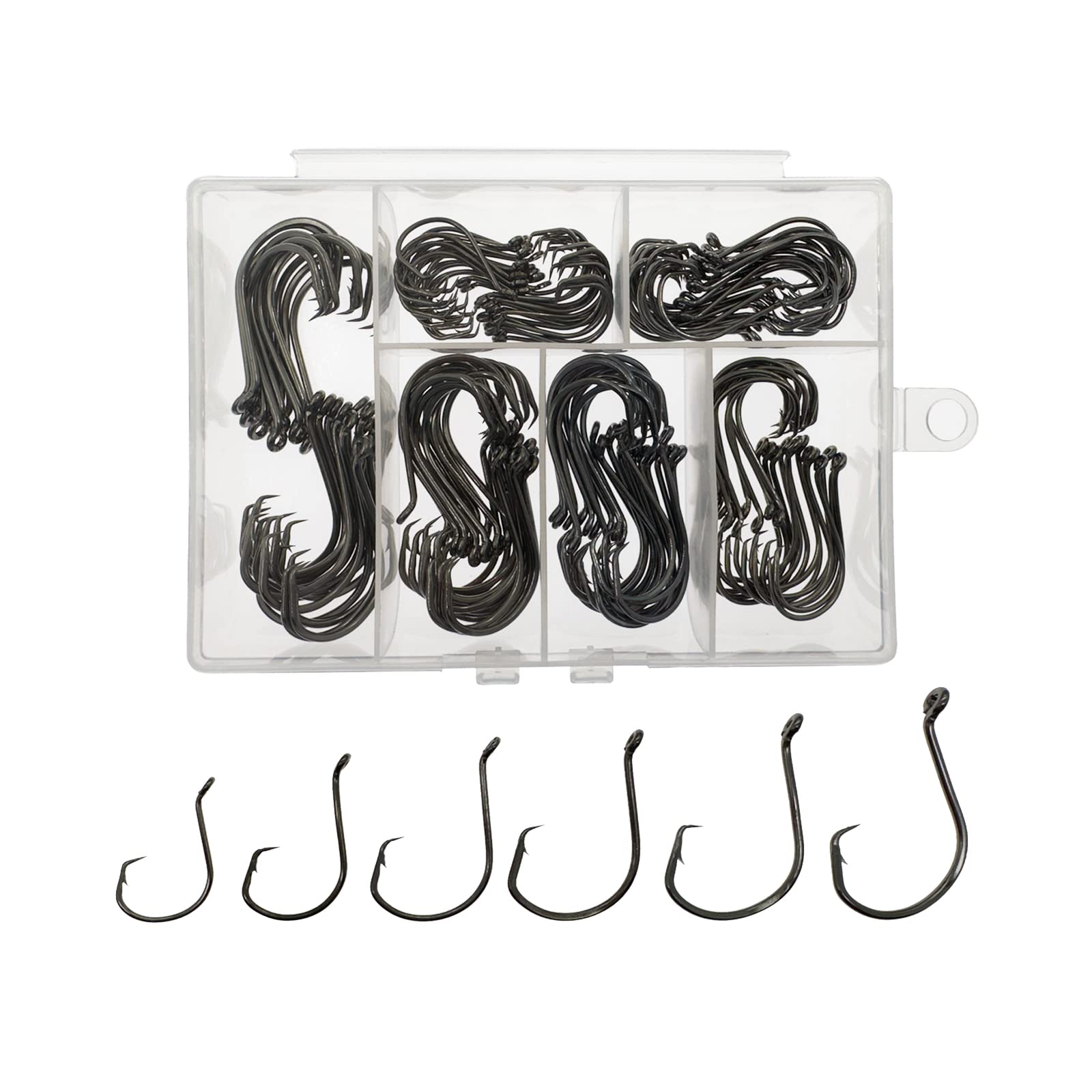 Photo 1 of Afmivs Fish Hooks for Fishing Gear Tackle, 150PCS Circle Hooks Saltwater, 6sizes Fishing Hooks Saltwater, Catfish Octopus Hook 1/0 2/0 3/0 4/0 5/0 6/0 Black High Carbon Steel with Portable Plastic Box