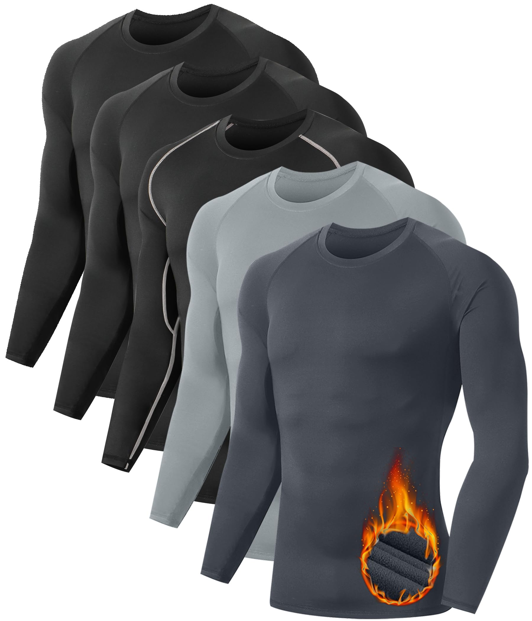 Photo 1 of 5 Pack Men's Thermal Compression Shirt Fleece Lined Long Sleeve Athletic Base Layer Cold Weather Gear Workout Top L