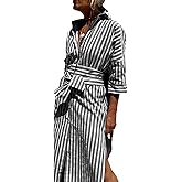 utcoco Womens 2026 Shirt Dress Casual Lapel 3/4 Sleeve Button Down Split Belted Vacation Maxi Dress