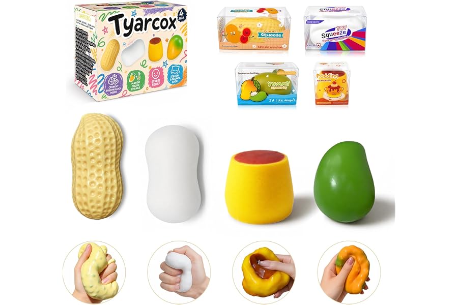 Tyarcox 4 Pack Crunchy Squishy Stress Ball, Mango Pudding Peanut & Soap Block Flake Filled ASMR Fidget, Moldable Sensory Squeeze Gift with Premium Box, Party Favors & Gifts