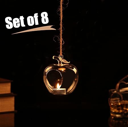 TiedRibbons Tealight candle holder, Apple shaped glass terrarium Set of 8 with Tealight Candle and Hanging String | wall sconces with tealight | home decor hanging items in living room | birthday anniversary gift for couple parents