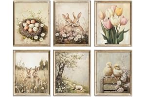 Cottagecore Wall Art Prints 8x10 Unframed – Farmhouse Rustic Spring & Easter Artwork with Bunny, Chick, Floral and Countrysid