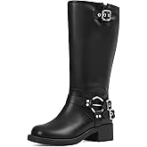 AMINUGAL Wide Calf Knee High Boots for Women Square Toe Pull On Chunky Womens Buckle Moto Boots Rivet Vintage Y2K Motorcycle Riding Biker Casual Fashion Festival Renaissance Combat Rave