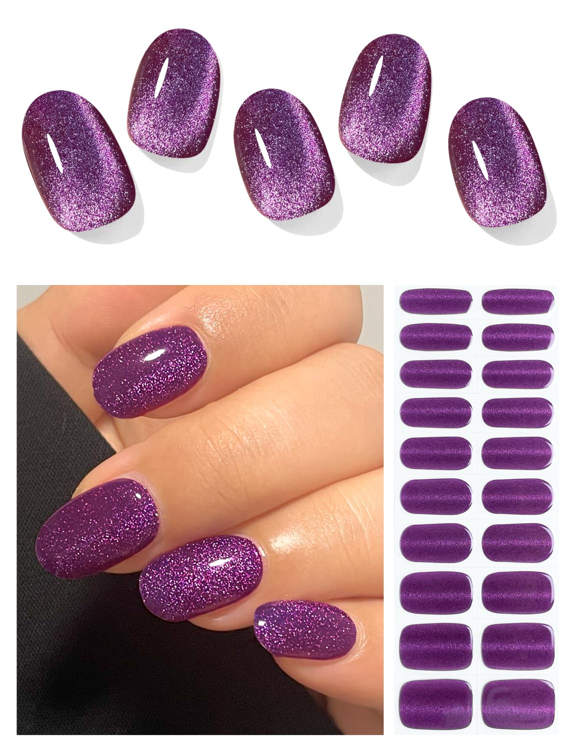 AutyaMee Semi Cured Gel Nail Strips (Purple Cat-Eye), 20 Pcs Gel Nail Wraps, Stickers, UV Light Required, Salon Quality, Long Lasting
