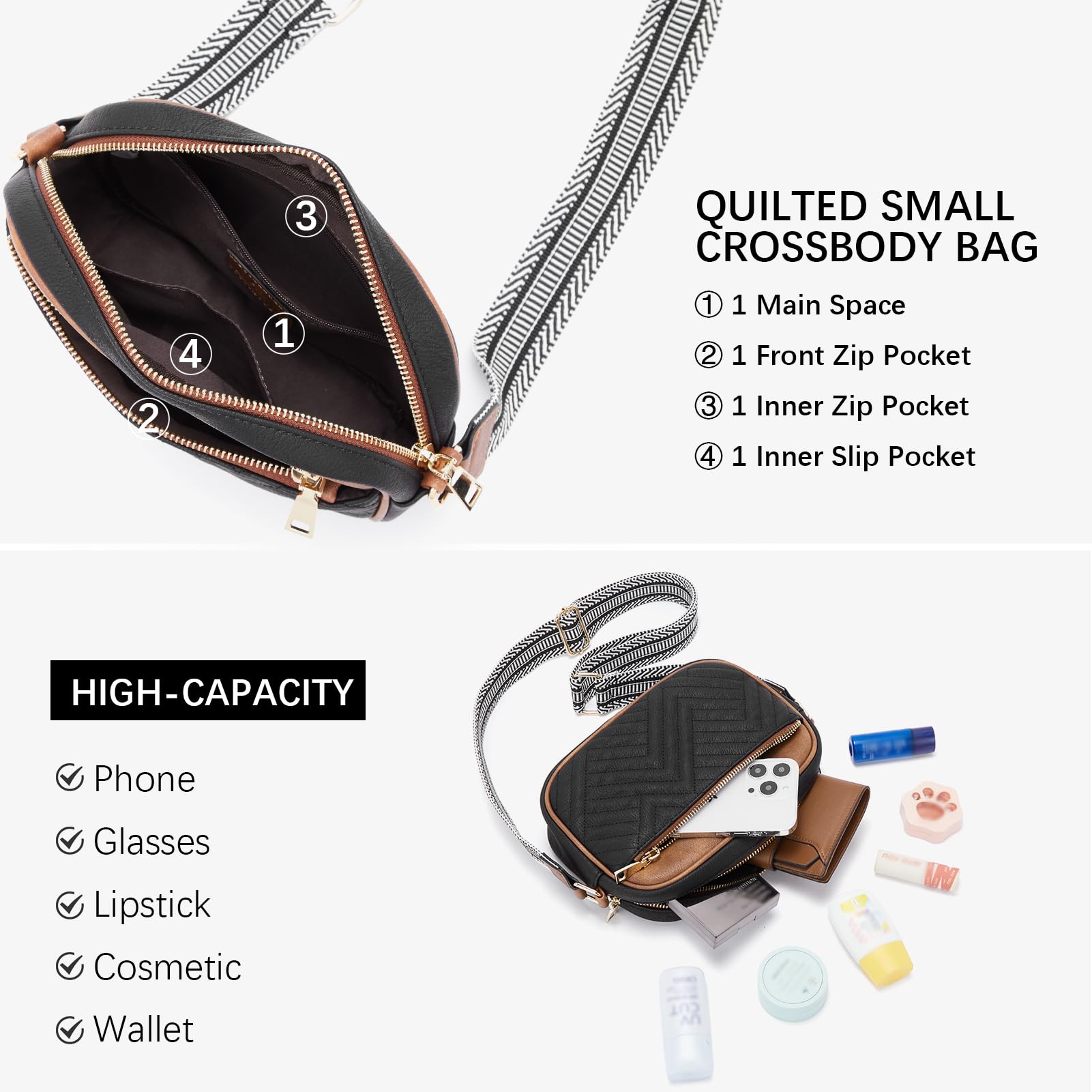 BOSTANTEN Quilted Crossbody Bags for Women Vegan Leather Purses Small Shoulder Handbags with Wide Strap