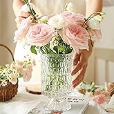 BLOFLO Embossed Glass Vase, 7'' Crystal Glass Vases, Pedestal Big Base Glass Bouquet Vase, Hydroponic Glass Transparent Vase for Home Office Wedding Dining Table Party (Long Rhombus Pattern)