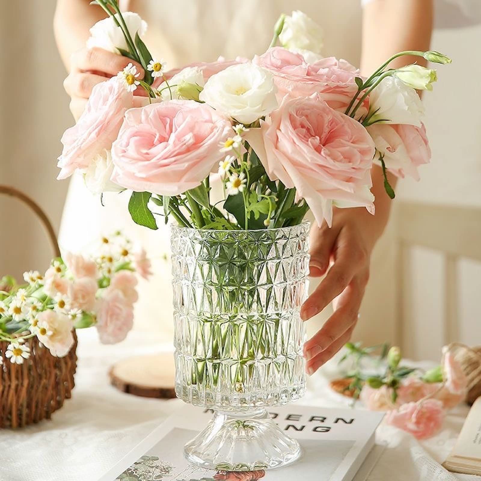 Photo 1 of BLOFLO Embossed Glass Vase, 7'' Crystal Glass Vases, Pedestal Big Base Glass Bouquet Vase, Hydroponic Glass Transparent Vase for Home Office Wedding Dining Table Party (Long Rhombus Pattern)