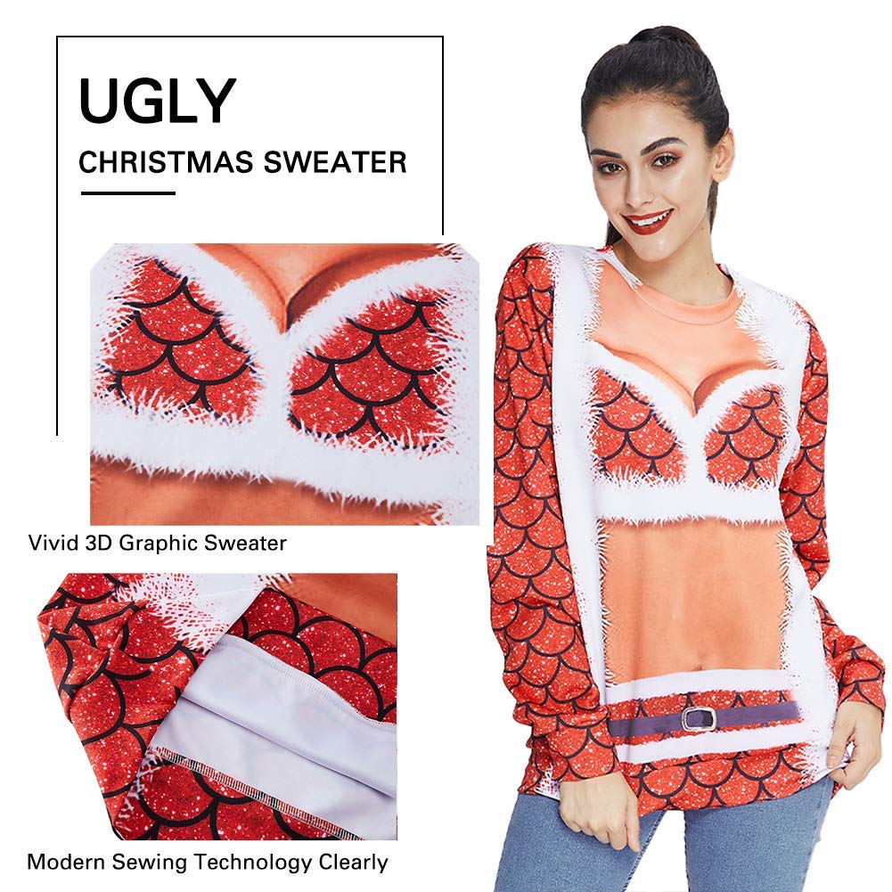 RAISEVERN 3D Fake Printed Women\'s Stylish Bikinis Pattern Xmas Crew Neck Sweater Long Sleeve Ugly Christmas Pullover for Youth Girl Ladies,Red