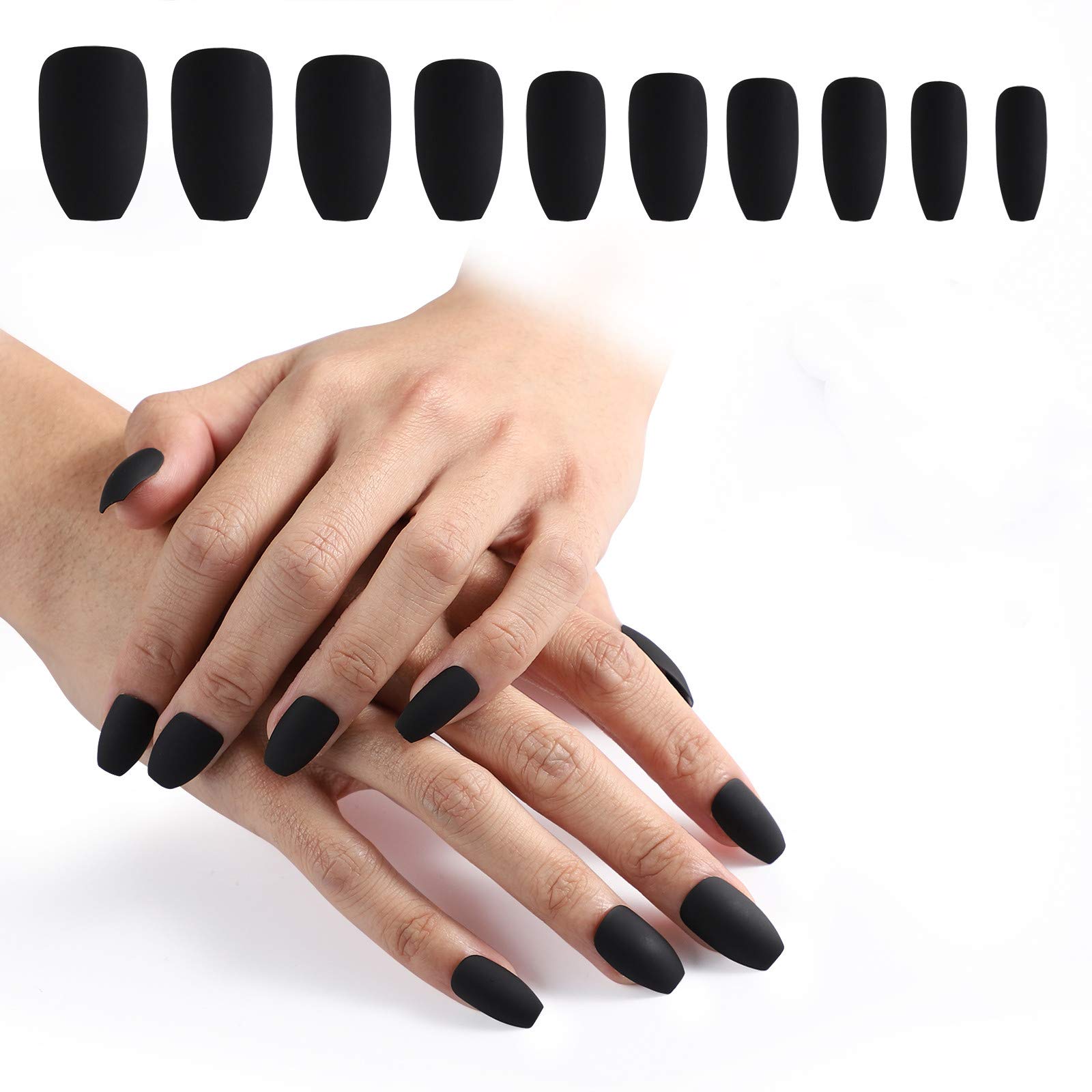 Cosics Press On Nails, 100pcs Matte Black Ballerina False Nail Tip Set, Medium Length Full Cover Fake Nail, Colored Artificial Wear Nail with Adhesive Sticker & Storage Box for Fingernail Art Design