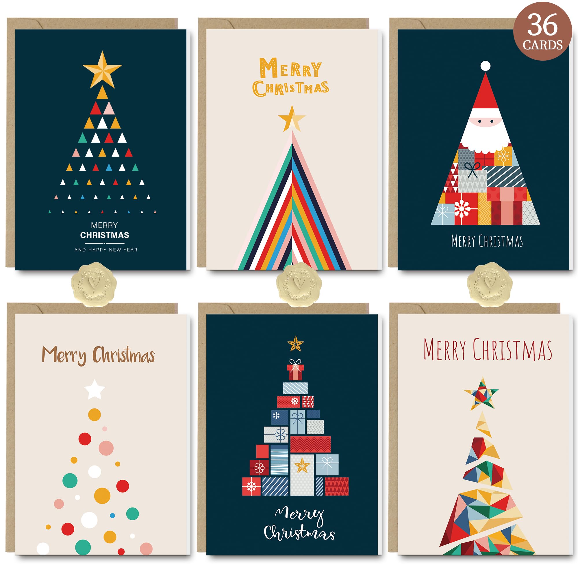 Christmas Cards Pack of 36 with Envelopes, Eco-Friendly Folded Holiday Greeting Cards Set for Family, Friends, Coworkers & Business, Art Style Card Box Included, Gold Foil Seal Stickers