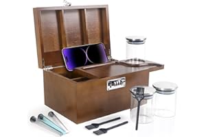 BELO VALE Premium Brown Storage Box,Decorative Bamboo Box with Combination Lock,Ultimate Wooden Box Kit with Sliding-Tray, 3-Pack Glass Jars Accessories Tools for Gift.