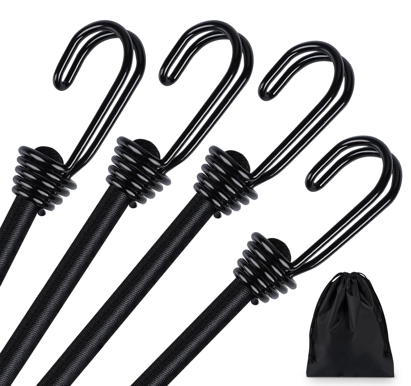 4 x 40" (100CM) Bungee Cords with Hooks, Binswloo Heavy Duty Elasticated Shock Cords Luggage Straps for Securing Outdoor Tarps Tents Camps Garden Furniture, All Black, 1M Long