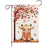 Louise Maelys Fall Autumn Garden Flag Maple Tree Highland Cow 12x18 Inch Double Sided Seasonal Welcome Small Burlap Yard Sign Outside Outdoor House Decoration