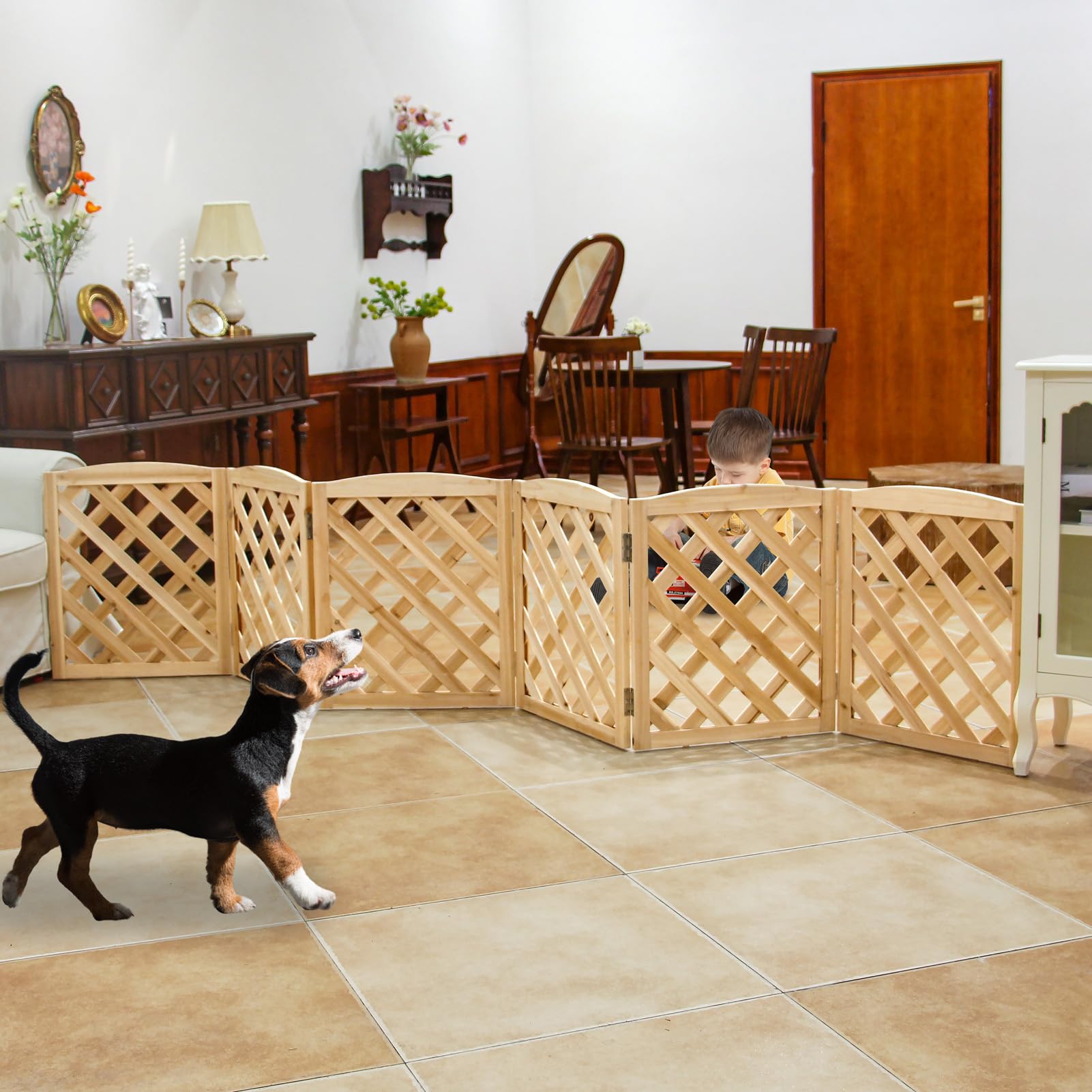 Photo 1 of ?ZJSF Foldable Indoor Dog Gate for House Freestanding Folding Dog Gates Indoor Wood Pet Gates Dog Fence for Stairs Puppy Gates for Hallways Natural 24 "Height-6 Panels ( SEE COMMENTS FOR RIGHT COLORING OF THE ITEM) 