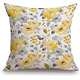 TSSOHU Throw Pillow Cover Black Floral Watercolor Bright Summer Pattern Yellow and Blue Abstract Flowers Gray Simple Botanica Home Decor Pillowcase for Sofa 18x18 Inches