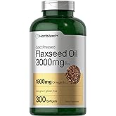 Horbäach Flaxseed Oil Softgel Capsules 3000mg | 300 Count | High Potency | with Omega 3 6 9 | Non-GMO, Gluten Free | Cold Pressed Flax Seed