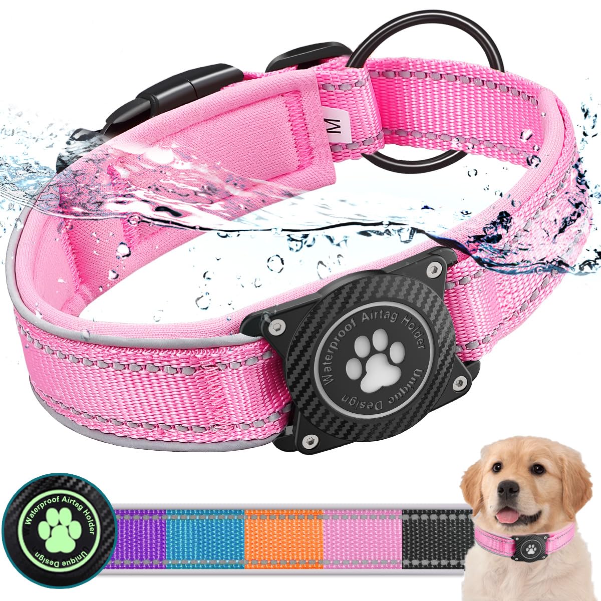 Ytanest Waterproof Airtag Dog Collar, Dog Collar with Apple Air Tag Holder, Reflective Dog Tracker Collar for Small Medium Large Dogs, Pink, XL