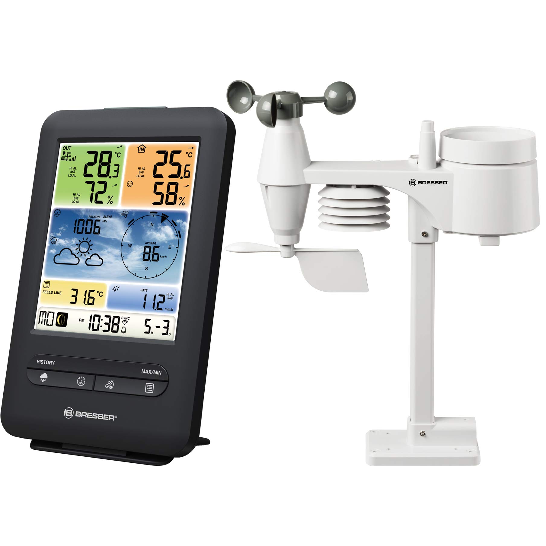 Bresser Wetterstation Funk mit Außensensor WLAN Farb-Wetter Center 5-in-1 mit Außensensor für Temperatur, Luftfeuchtigkeit, Luftdruck, Windmesser und Regenmesser, Schwarz
