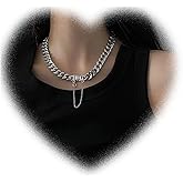 W WEILIRIAN Punk Curb Chain Necklace Cuban Link Necklace Chain Silver Chunky Necklace Y Shape Necklace Jewelry for Women and Girls Gifts