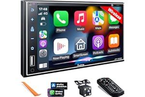 SJoyBring Upgrade Wireless Double Din Car Stereo with Apple CarPlay, Android Auto, Bluetooth, 4-Channel RCA, 2 Subwoofer Ports, High Power 60W*4, 7" HD Touchscreen Car Radio Receiver, Backup Camera