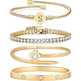 Arthur Liu 4Pcs Gold Bracelets for Women, 14K Gold Plated Stackable Bangle Bracelet Set Personalized Flower Stainless Steel Stackable Letter Bracelet Set for Women