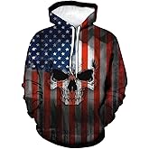 Hurspmr Men's USA Skull Hoodies 3D American Flag Skeleton Sweatshirt Hooded Patriotic Long Sleeve Pullover Shirt
