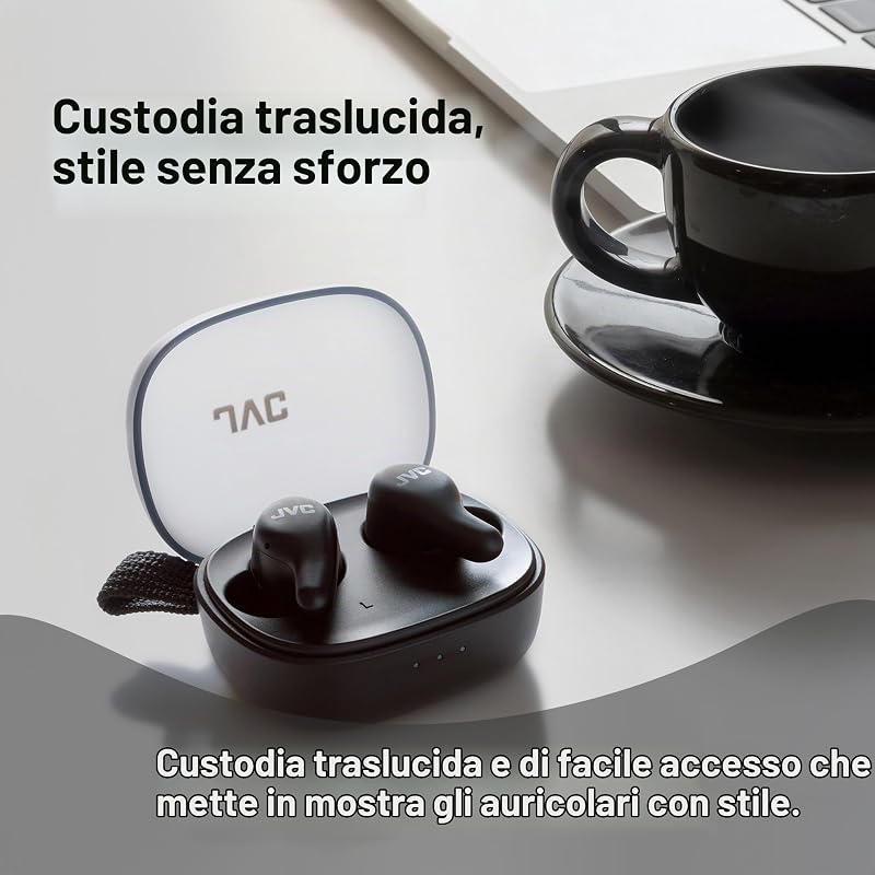 HA-A23T-B - Auricolari True Wireless Gumy Premium con Cancellazione del Rumore, Bluetooth 5.4, Modalità Suono Ambientale, 26 ore di autonomia e Custodia di Ricarica Traslucida, USB-C, Nero