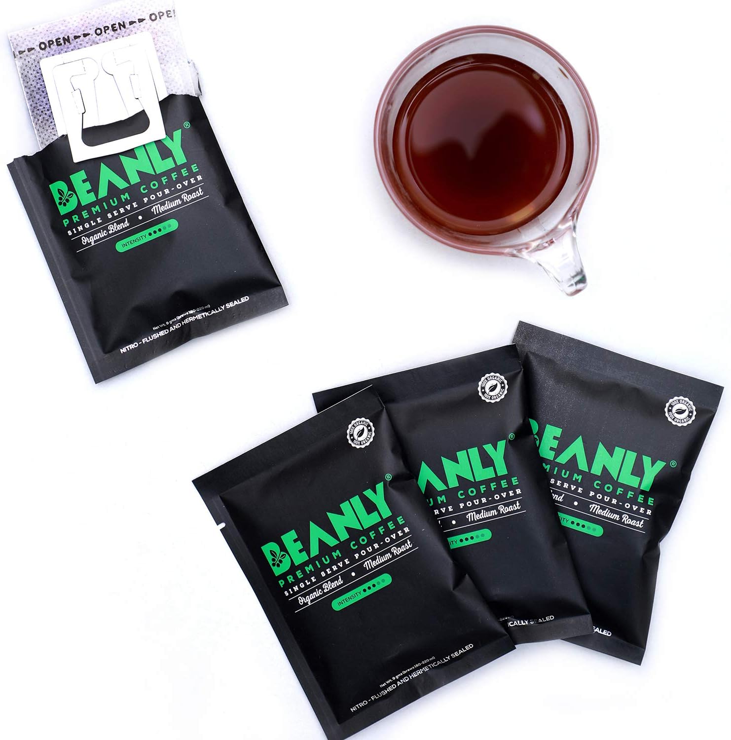 Beanly Single-Serve Pour-Over Coffee - Organic Blend | 10 Pre-filled Drip Coffee Filters | 100% Indian Arabica Coffee | Brews Easily