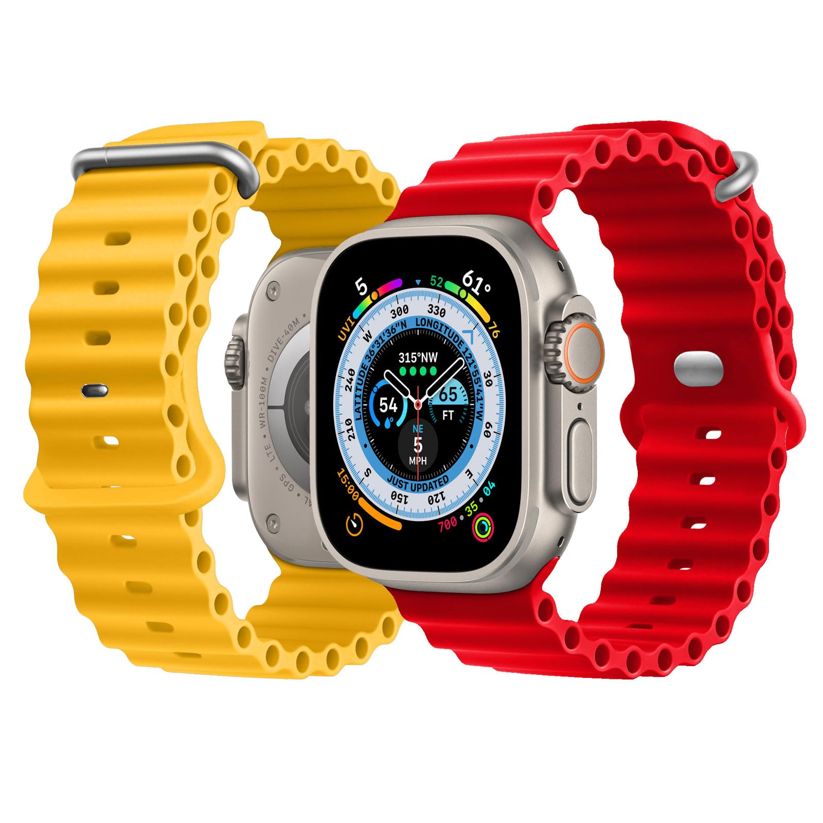 NUKELOLO 2 Pack Ocean Strap Compatible with Apple Watch Ultra 3 2 1 49mm, Sport Bands 46mm 45mm 44mm Men Women, Silicone Band for iWatch Series 11 10 9 8 7 6 5 4 3 2 1 SE3, Yellow/Red