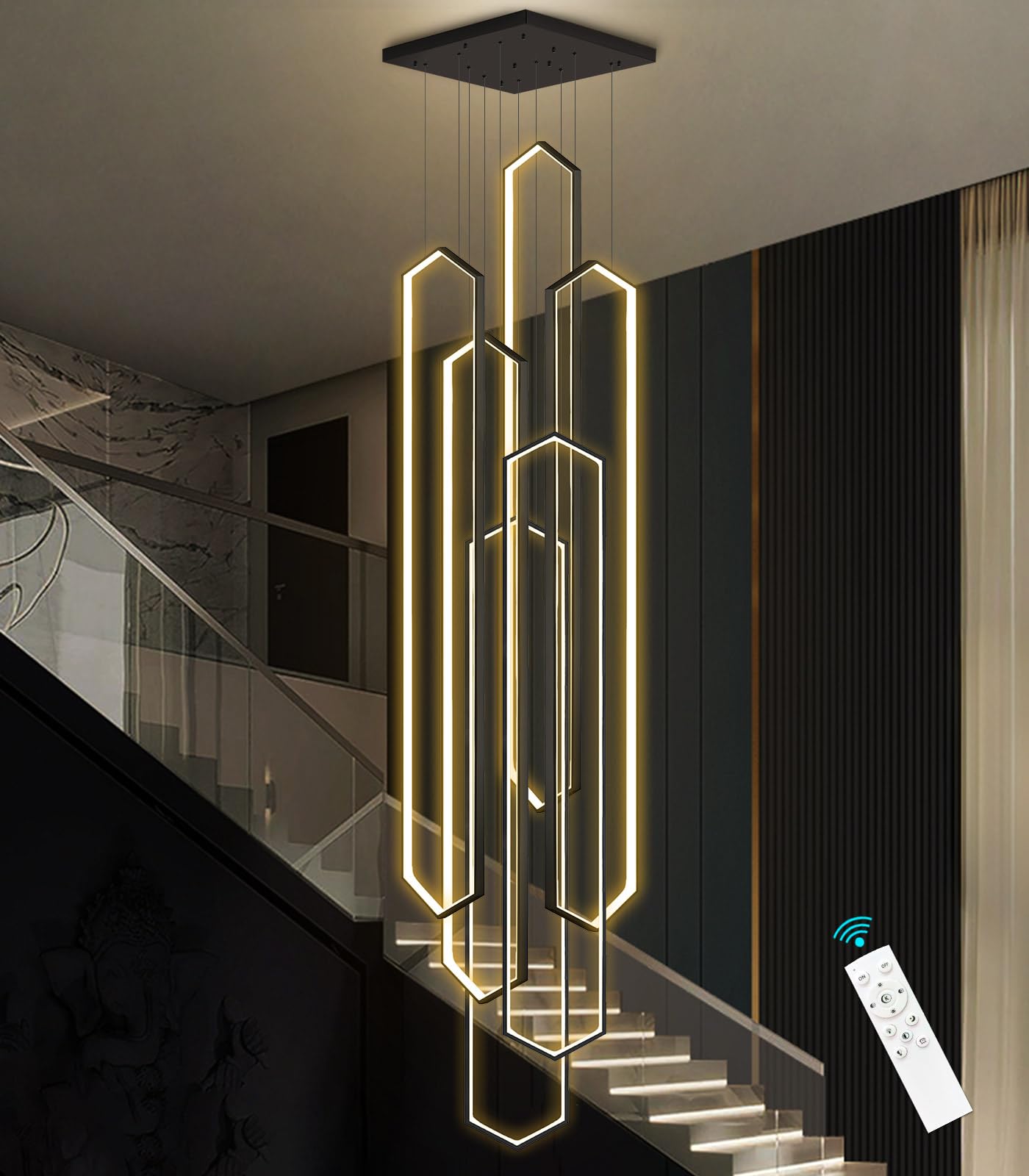 dolria 6 Rings Black Modern Large Chandelier Dimmable LED High Ceiling ...