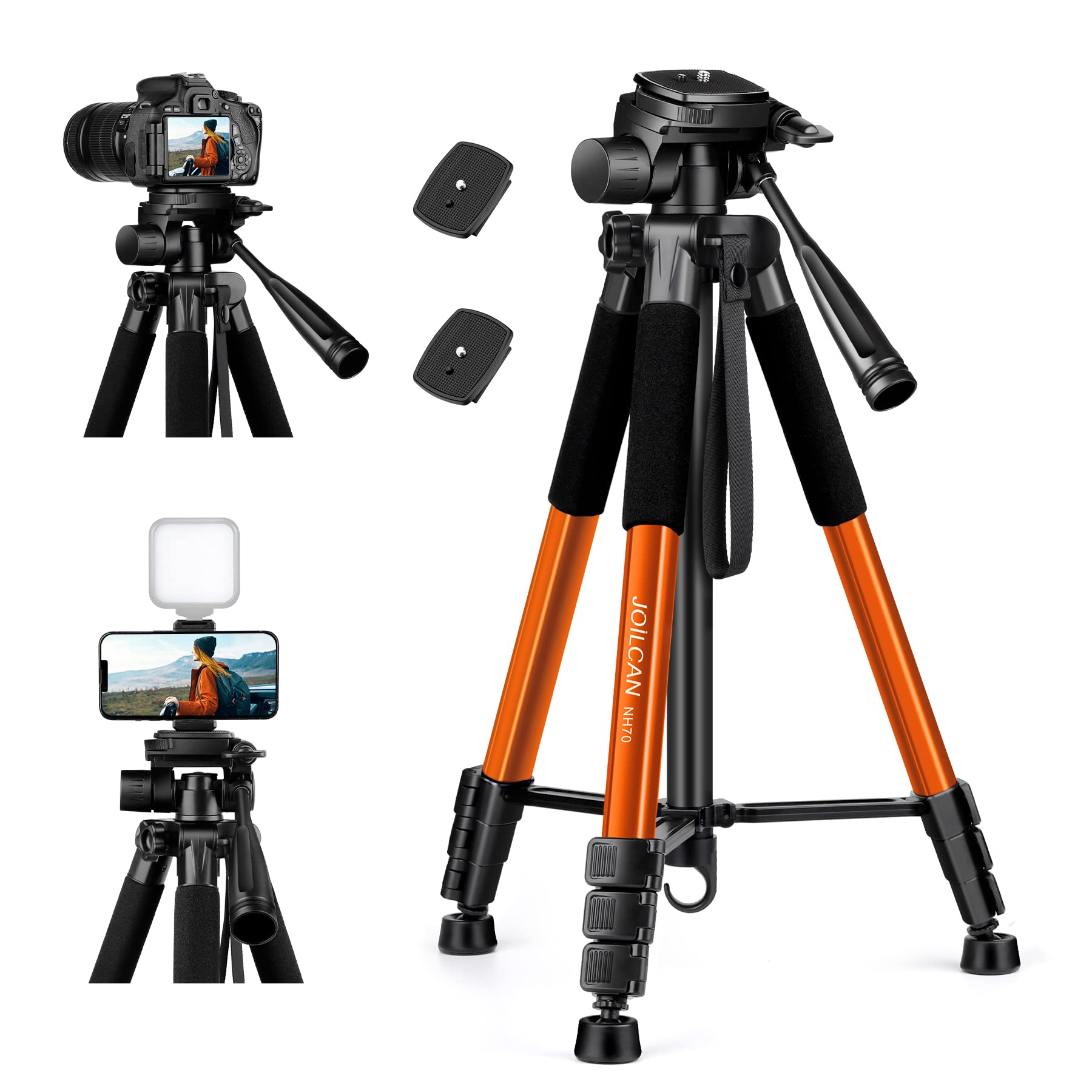 JOILCAN Compact Camera Tripod for DSLR, Camera Phone Tripod for Canon Nikon, Aluminium Tripods Stand with 3 Way Pan Head, Lightweight Compact Tripods for iPhone/Smartphone with Phone Clip - Orange